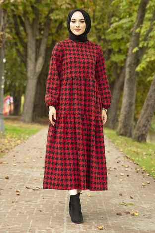 Patterned Dress 10092-6 Burgundy color - Thumbnail