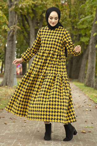 Patterned Dress 10092-2 mustard color - Thumbnail