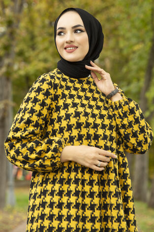 Patterned Dress 10092-2 mustard color - Thumbnail