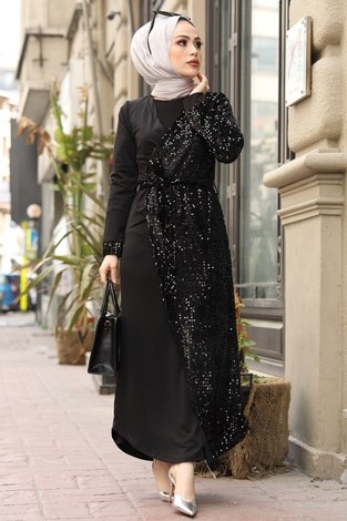 Payet Kuşaklı Payetli Abaya 16350-1 Siyah - Thumbnail