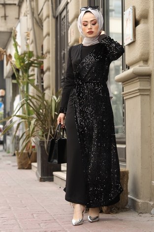 Payet Kuşaklı Payetli Abaya 16350-1 Siyah - Thumbnail