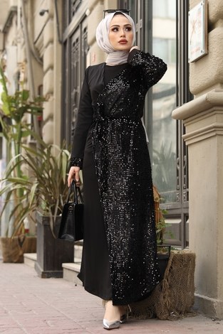 Payet Kuşaklı Payetli Abaya 16350-1 Siyah - Thumbnail