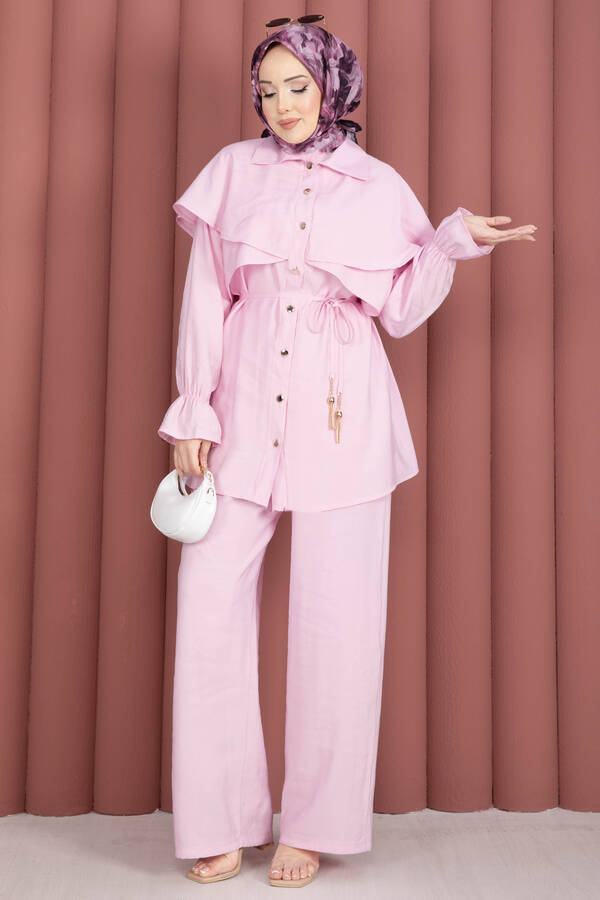 Pelerin Tasarımlı Düğmeli Tunik Pantolon Takım Pembe - 4