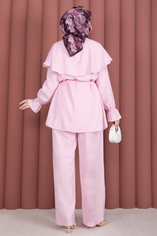 Pelerin Tasarımlı Düğmeli Tunik Pantolon Takım Pembe - 5