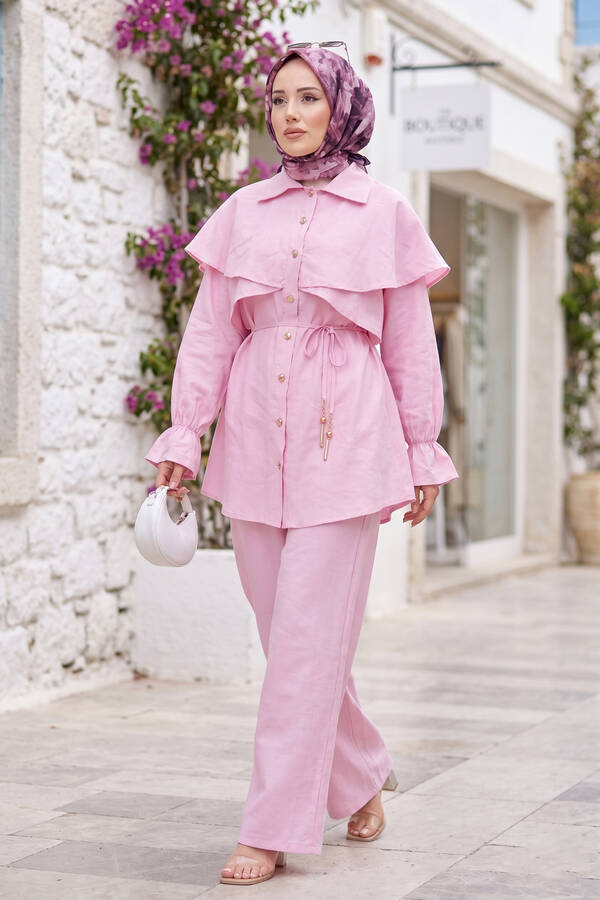 Pelerin Tasarımlı Düğmeli Tunik Pantolon Takım Pembe