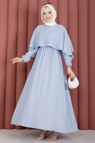 Pelerin Yaka Beli Lastikli Astarlı Yazlık Elbise Bebe Mavisi - Thumbnail