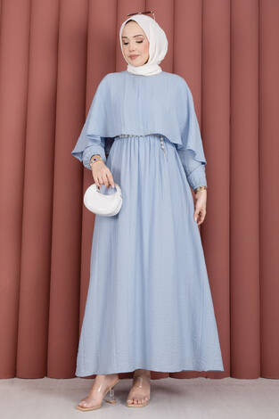 Pelerin Yaka Beli Lastikli Astarlı Yazlık Elbise Bebe Mavisi - Thumbnail