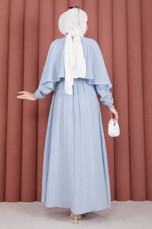 Pelerin Yaka Beli Lastikli Astarlı Yazlık Elbise Bebe Mavisi - Thumbnail