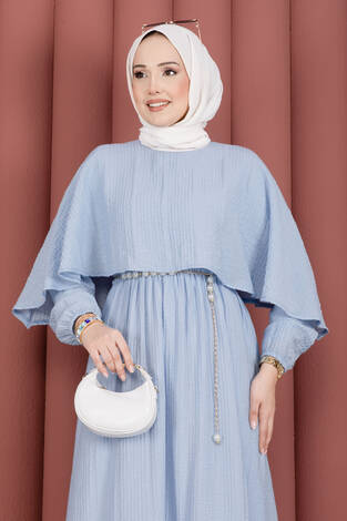 Pelerin Yaka Beli Lastikli Astarlı Yazlık Elbise Bebe Mavisi - Thumbnail