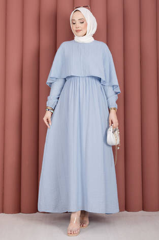 Pelerin Yaka Beli Lastikli Astarlı Yazlık Elbise Bebe Mavisi - Thumbnail