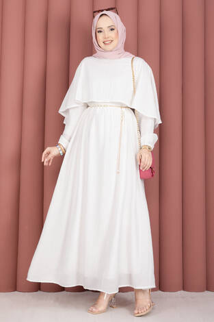 Pelerin Yaka Beli Lastikli Astarlı Yazlık Elbise Ekru - Thumbnail