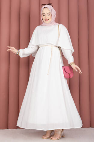 Pelerin Yaka Beli Lastikli Astarlı Yazlık Elbise Ekru - Thumbnail