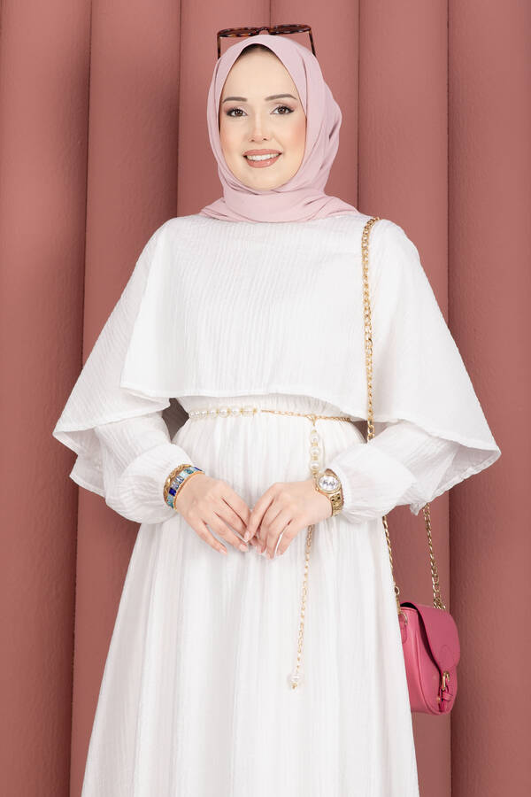 MD - Pelerin Yaka Beli Lastikli Astarlı Yazlık Elbise Ekru (1)