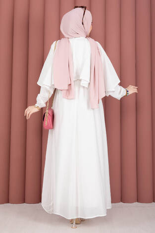 Pelerin Yaka Beli Lastikli Astarlı Yazlık Elbise Ekru - Thumbnail