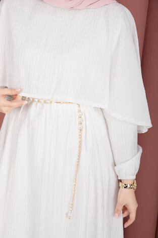 Pelerin Yaka Beli Lastikli Astarlı Yazlık Elbise Ekru - Thumbnail