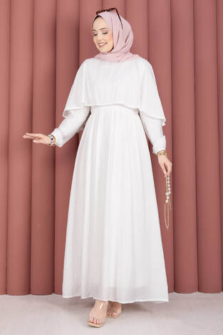 Pelerin Yaka Beli Lastikli Astarlı Yazlık Elbise Ekru - Thumbnail