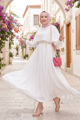 Pelerin Yaka Beli Lastikli Astarlı Yazlık Elbise Ekru