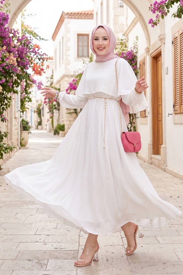 MD - Pelerin Yaka Beli Lastikli Astarlı Yazlık Elbise Ekru