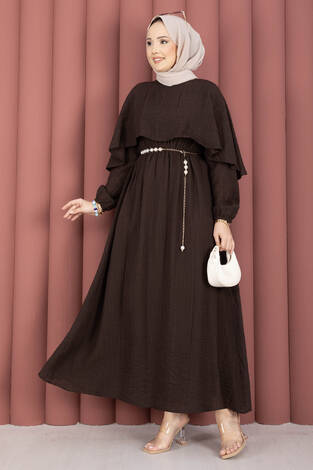 Pelerin Yaka Beli Lastikli Astarlı Yazlık Elbise Kahve - Thumbnail