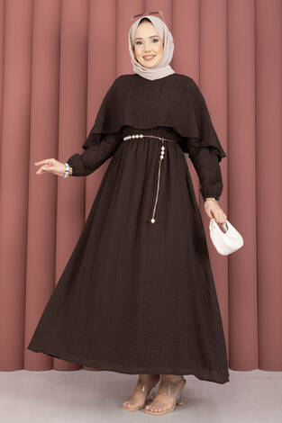 Pelerin Yaka Beli Lastikli Astarlı Yazlık Elbise Kahve - Thumbnail
