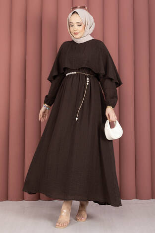 Pelerin Yaka Beli Lastikli Astarlı Yazlık Elbise Kahve - Thumbnail