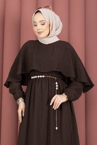 Pelerin Yaka Beli Lastikli Astarlı Yazlık Elbise Kahve - Thumbnail