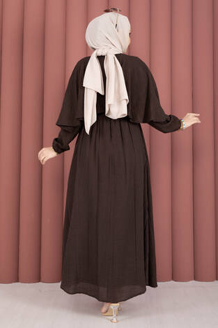 Pelerin Yaka Beli Lastikli Astarlı Yazlık Elbise Kahve - Thumbnail