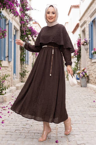 Pelerin Yaka Beli Lastikli Astarlı Yazlık Elbise Kahve