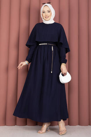 Pelerin Yaka Beli Lastikli Astarlı Yazlık Elbise Lacivert - Thumbnail