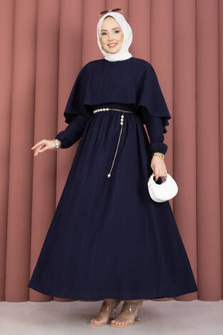 Pelerin Yaka Beli Lastikli Astarlı Yazlık Elbise Lacivert - Thumbnail