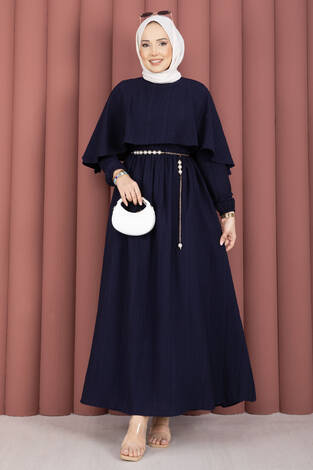 Pelerin Yaka Beli Lastikli Astarlı Yazlık Elbise Lacivert - Thumbnail