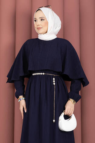 Pelerin Yaka Beli Lastikli Astarlı Yazlık Elbise Lacivert - Thumbnail