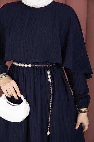 Pelerin Yaka Beli Lastikli Astarlı Yazlık Elbise Lacivert - Thumbnail