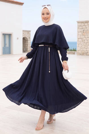 Pelerin Yaka Beli Lastikli Astarlı Yazlık Elbise Lacivert