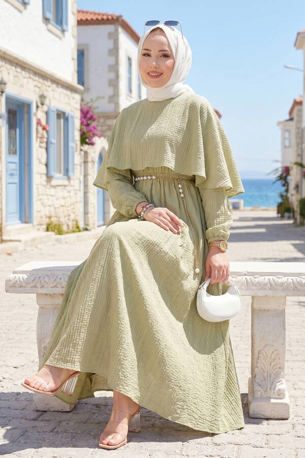 MD - Pelerin Yaka Beli Lastikli Astarlı Yazlık Elbise Olive