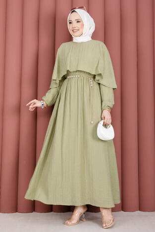 Pelerin Yaka Beli Lastikli Astarlı Yazlık Elbise Olive - Thumbnail