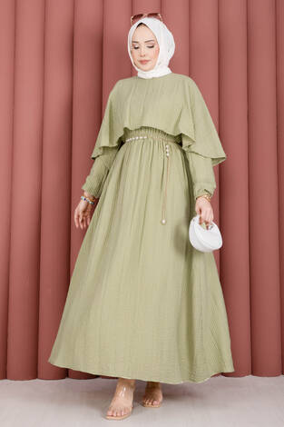 Pelerin Yaka Beli Lastikli Astarlı Yazlık Elbise Olive - Thumbnail