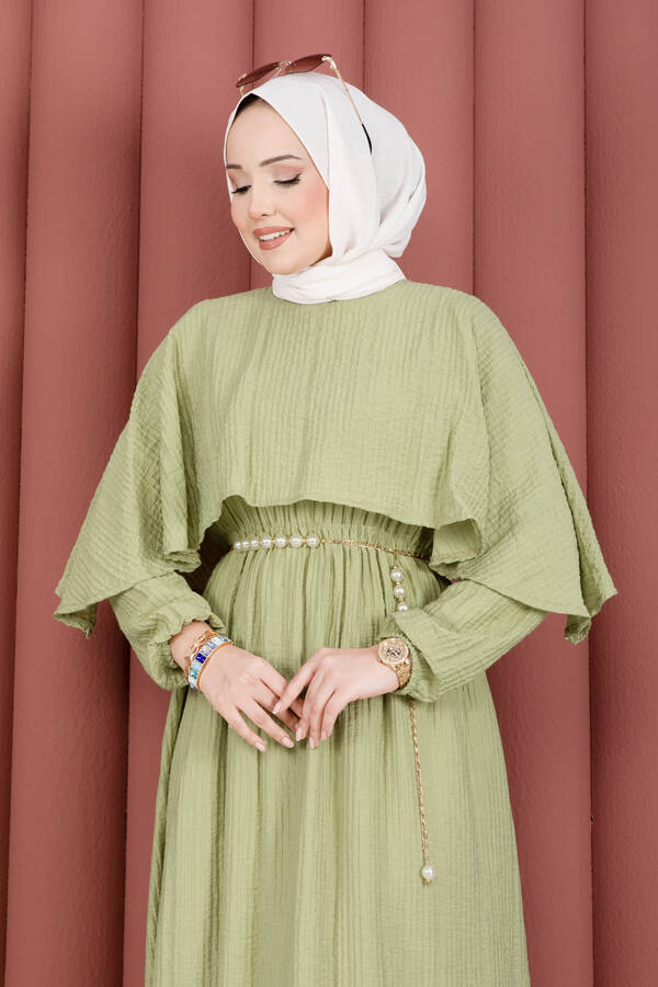 MD - Pelerin Yaka Beli Lastikli Astarlı Yazlık Elbise Olive (1)