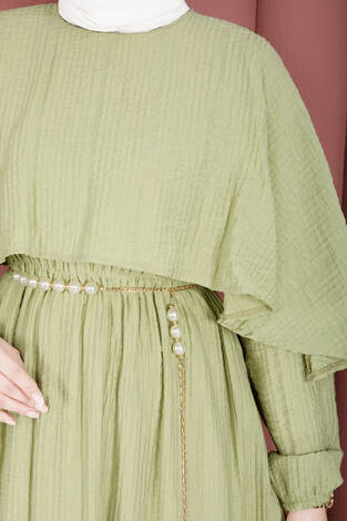 Pelerin Yaka Beli Lastikli Astarlı Yazlık Elbise Olive - Thumbnail