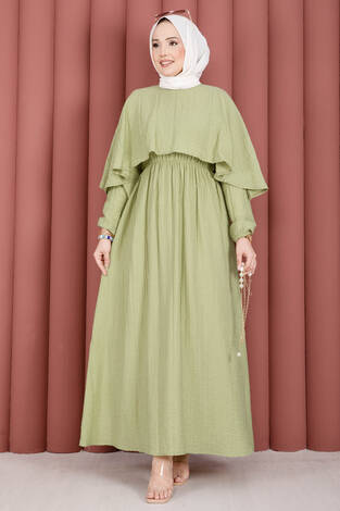 Pelerin Yaka Beli Lastikli Astarlı Yazlık Elbise Olive - Thumbnail