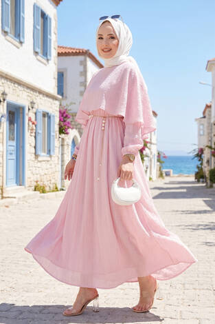 Pelerin Yaka Beli Lastikli Astarlı Yazlık Elbise Pembe - Thumbnail