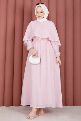 Pelerin Yaka Beli Lastikli Astarlı Yazlık Elbise Pembe - Thumbnail