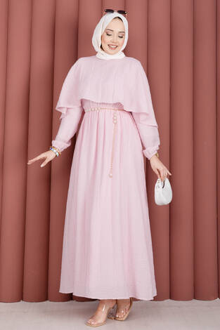 Pelerin Yaka Beli Lastikli Astarlı Yazlık Elbise Pembe - Thumbnail