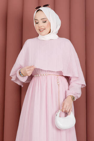 Pelerin Yaka Beli Lastikli Astarlı Yazlık Elbise Pembe - Thumbnail