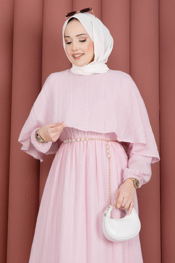 MD - Pelerin Yaka Beli Lastikli Astarlı Yazlık Elbise Pembe (1)