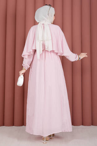 Pelerin Yaka Beli Lastikli Astarlı Yazlık Elbise Pembe - Thumbnail