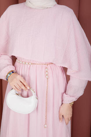 Pelerin Yaka Beli Lastikli Astarlı Yazlık Elbise Pembe - Thumbnail