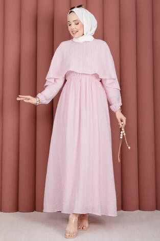 Pelerin Yaka Beli Lastikli Astarlı Yazlık Elbise Pembe - Thumbnail