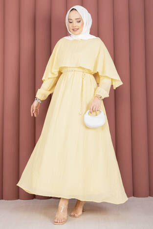 Pelerin Yaka Beli Lastikli Astarlı Yazlık Elbise Sarı - Thumbnail