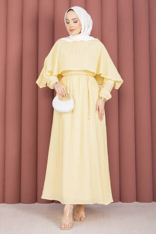 Pelerin Yaka Beli Lastikli Astarlı Yazlık Elbise Sarı - Thumbnail